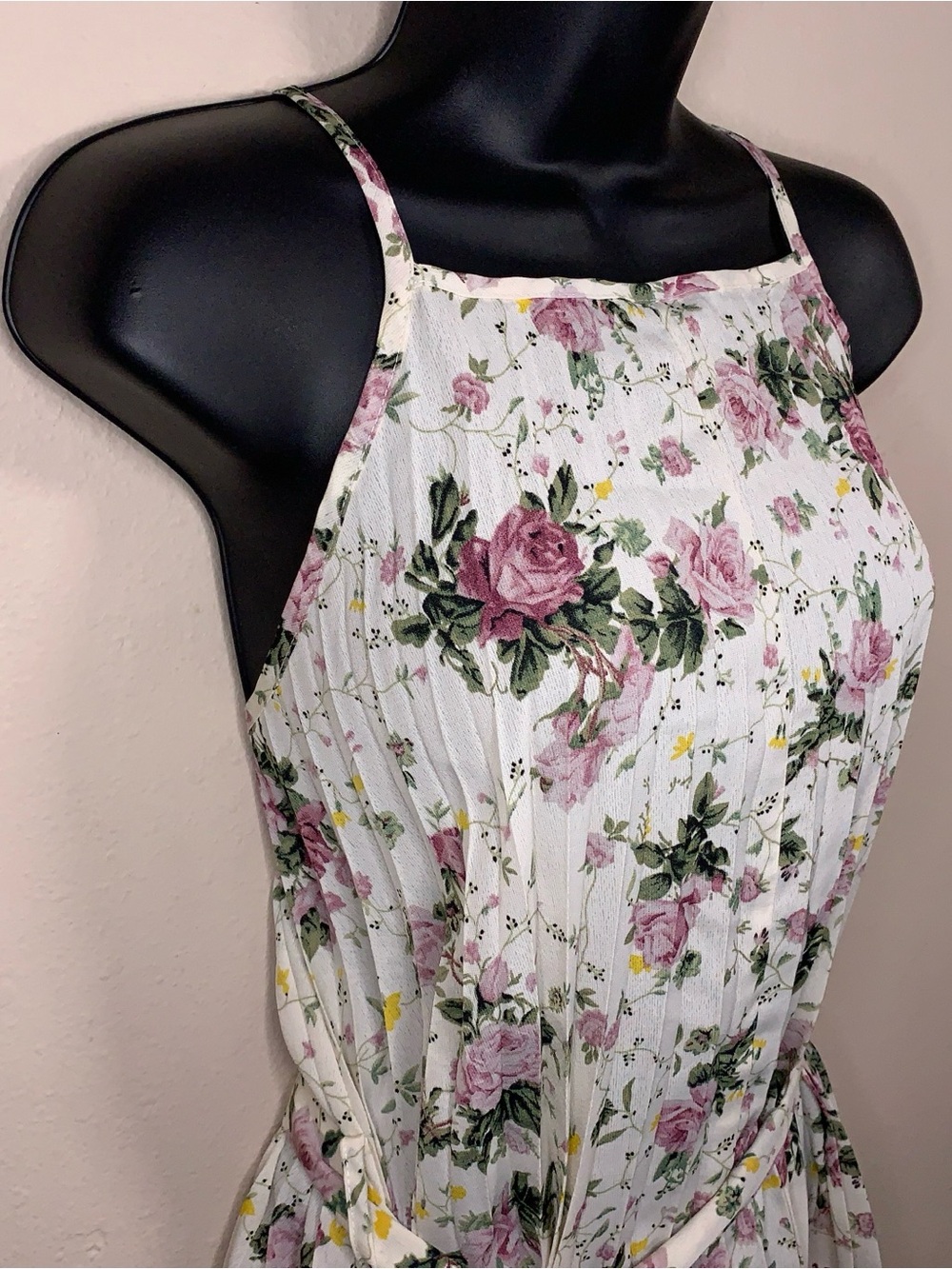 Ivory White Pink Rose Floral Pleated Tunic Blouse Square Neckline Size 6 - Picture 8 of 15